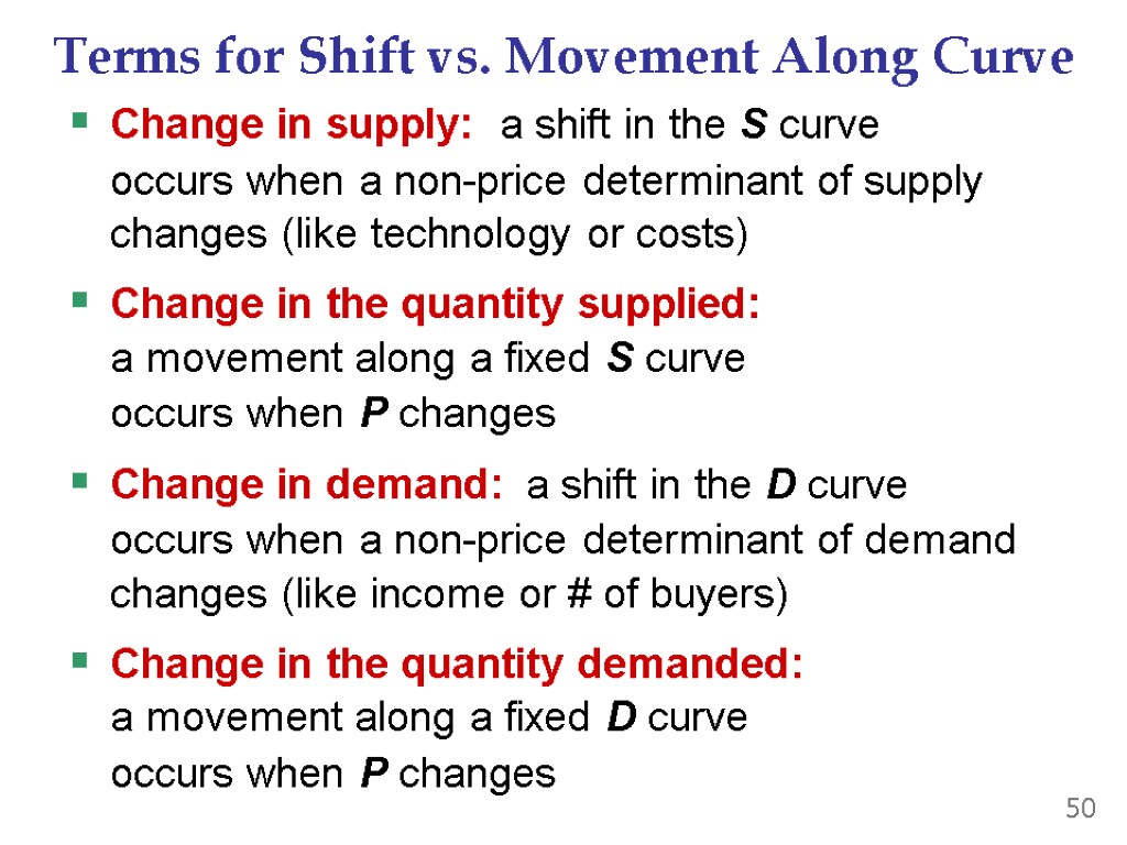 Terms for Shift vs. Movement Along Curve Change in supply: a shift in the